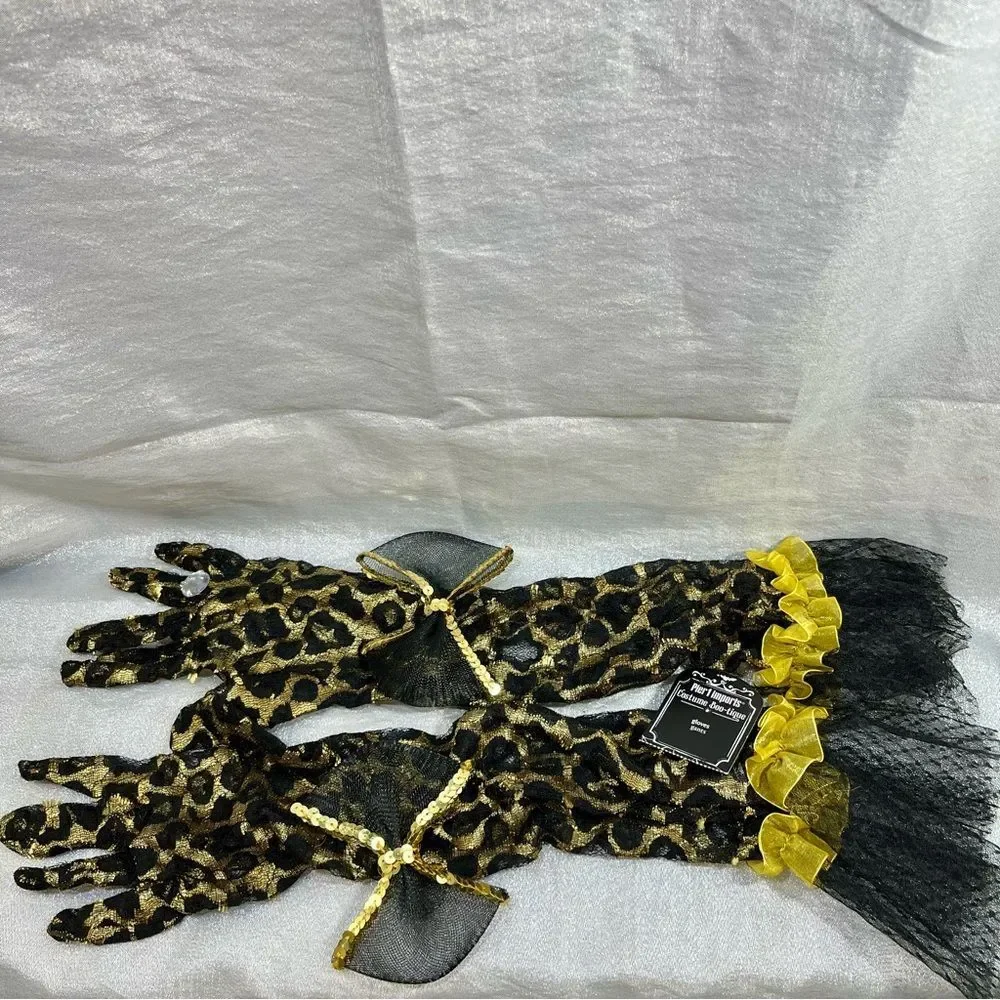 Pier 1 Imports Leopard Print Lace Gloves with Gold Accent Bows and Bling